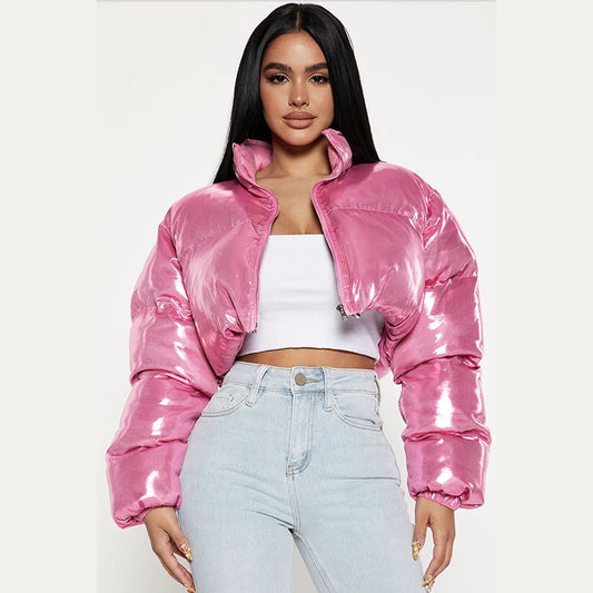 Metallic Coated Fabric Cropped Stand Collar Loose Short Puffer Jacket
