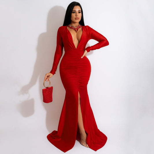 Women Solid Color Sexy V neck Split Sheath Maxi Dress