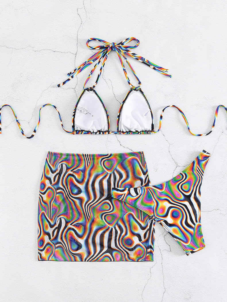 Colorful Striped Three Piece Bikini Swimsuit