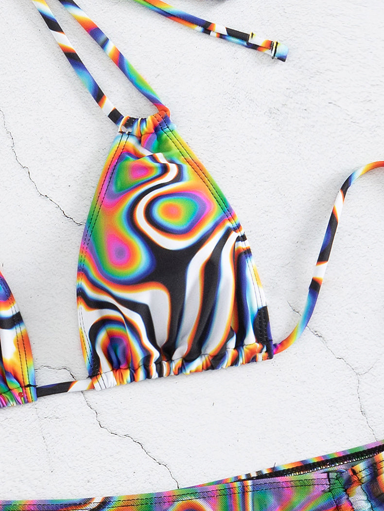 Colorful Striped Three Piece Bikini Swimsuit