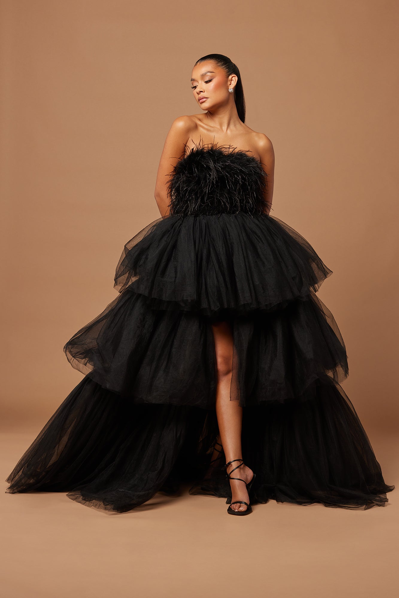 Livia Feather Tulle Gown - Black