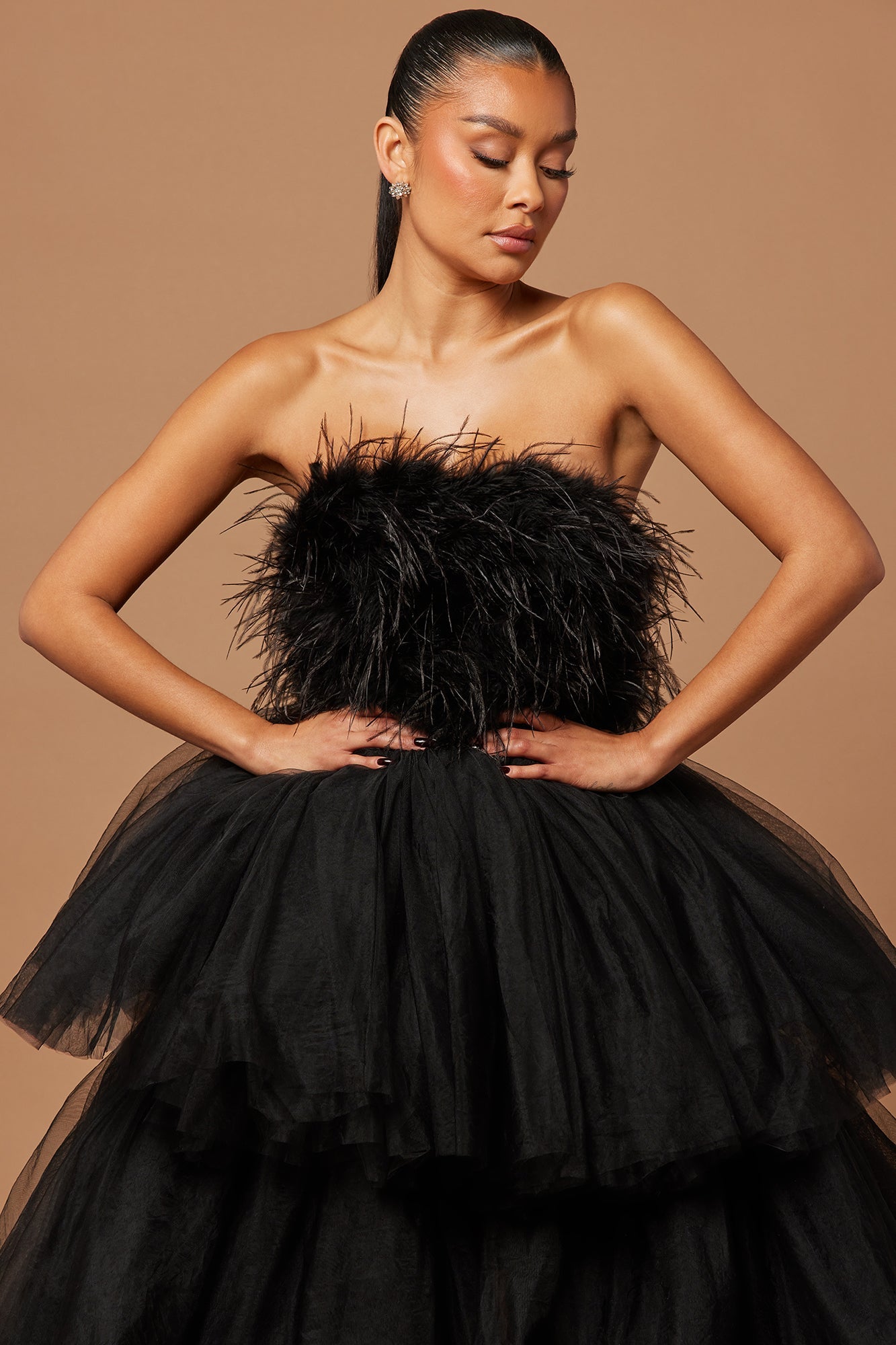 Livia Feather Tulle Gown - Black