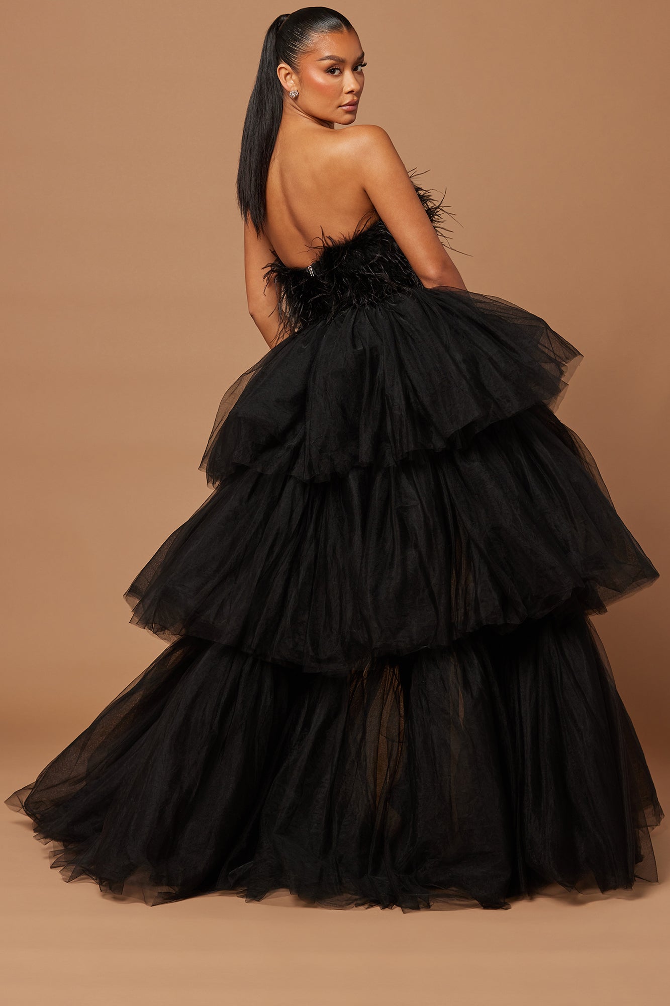 Livia Feather Tulle Gown - Black