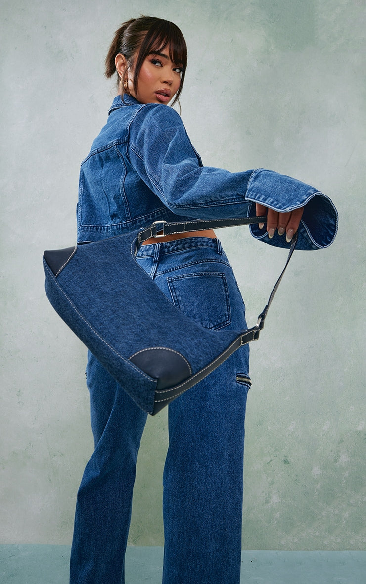 Mid Blue Wash Denim Cuff Detail Cropped Jacket