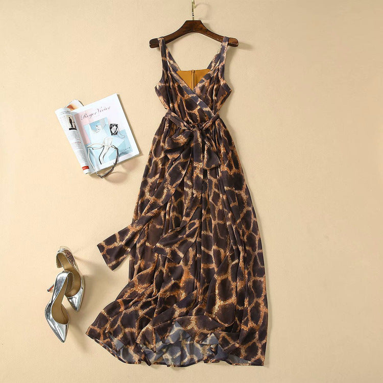 Summer Coffee Color Printed Bandeau Sling Belt Silk Scarf Slim Fit Large Swing Dress