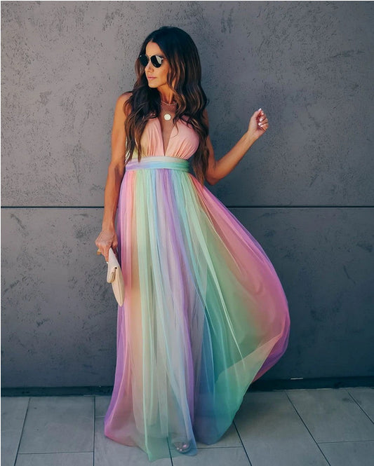 Spring Summer Women Sexy Suspenders Deep V Plunge Rainbow Mesh Camisole Dress
