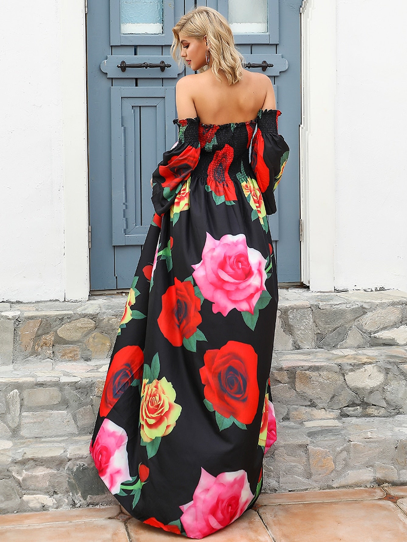 Missord Off Shoulder Shirred Rose Print Maxi Dress