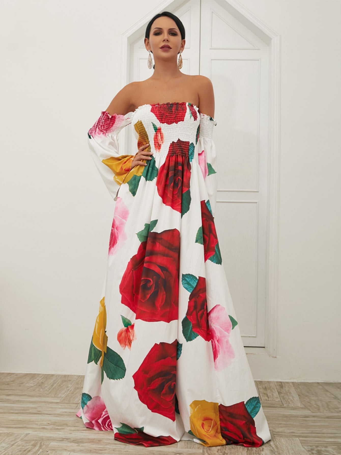 Missord Off Shoulder Shirred Rose Print Maxi Dress