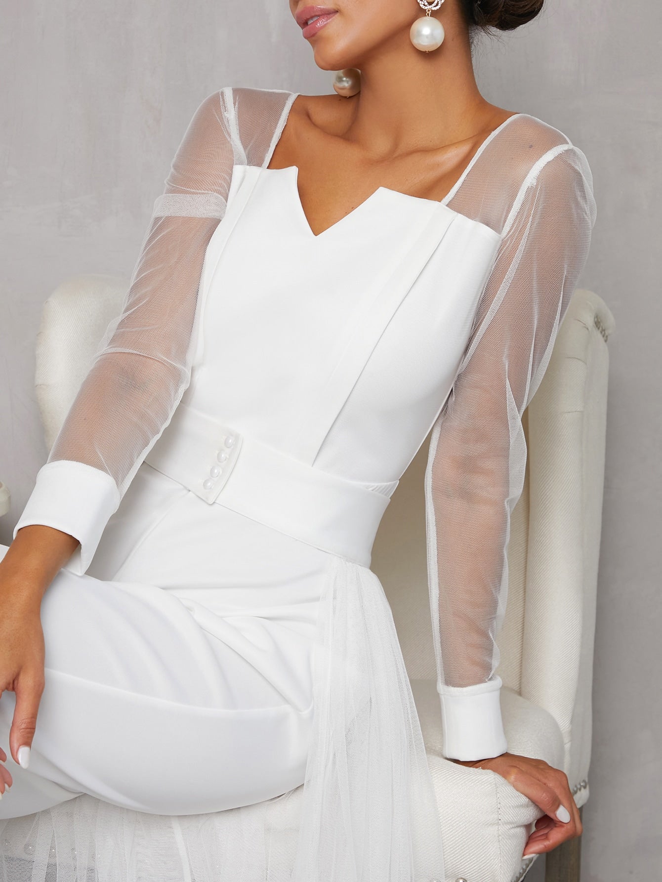 Notch Neck Mesh Panel Pearl Detail Corset Jumpsuit With Skirt