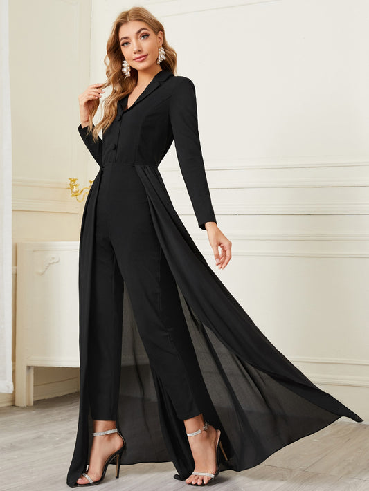 Lapel Collar Solid Shirt Jumpsuit With Skirt
