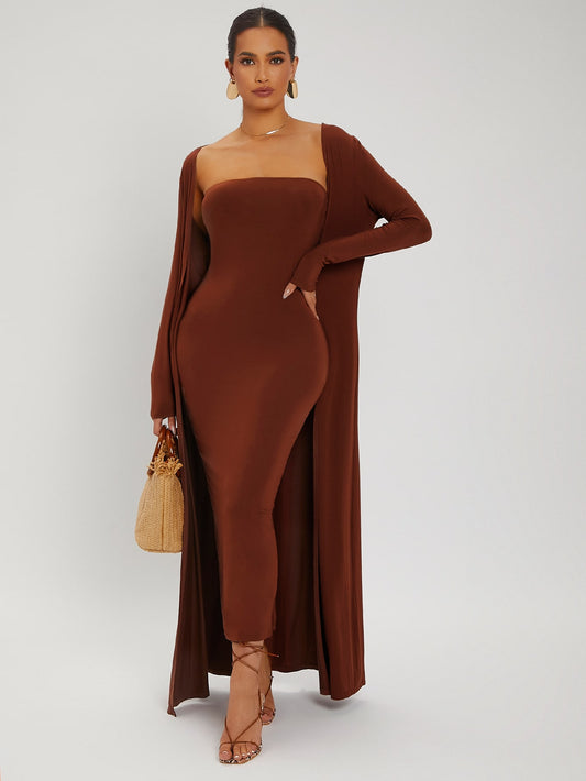 Split Hem Tube Bodycon Dress Open Front Coat