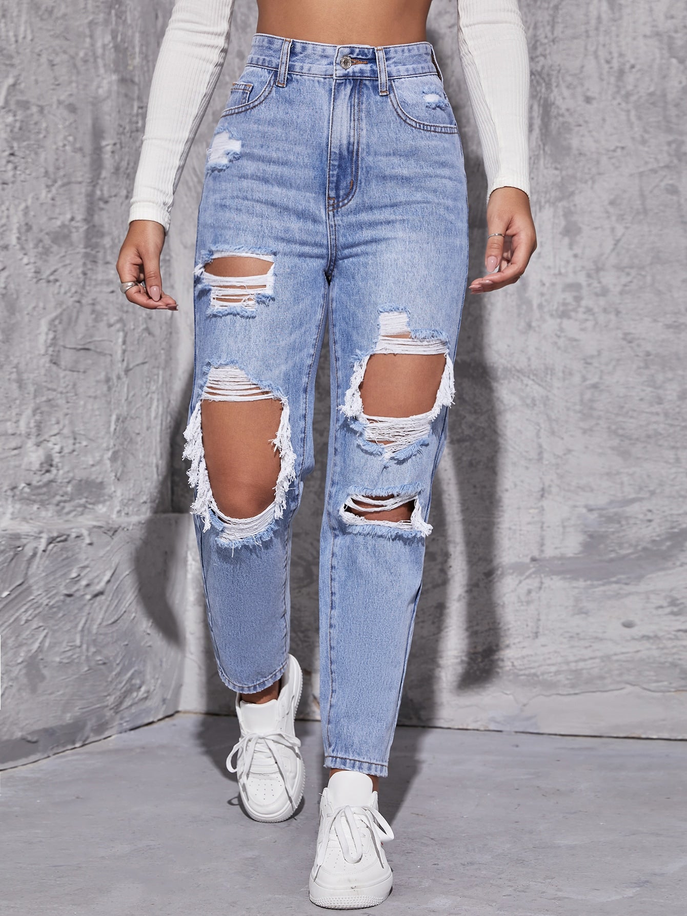 High Waist Straight Leg Ripped Jeans