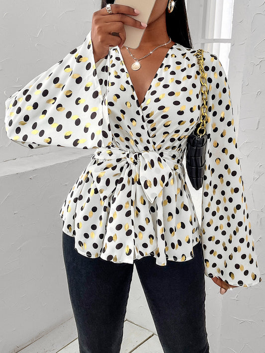 Surplice Front Polka Dot Belted Blouse