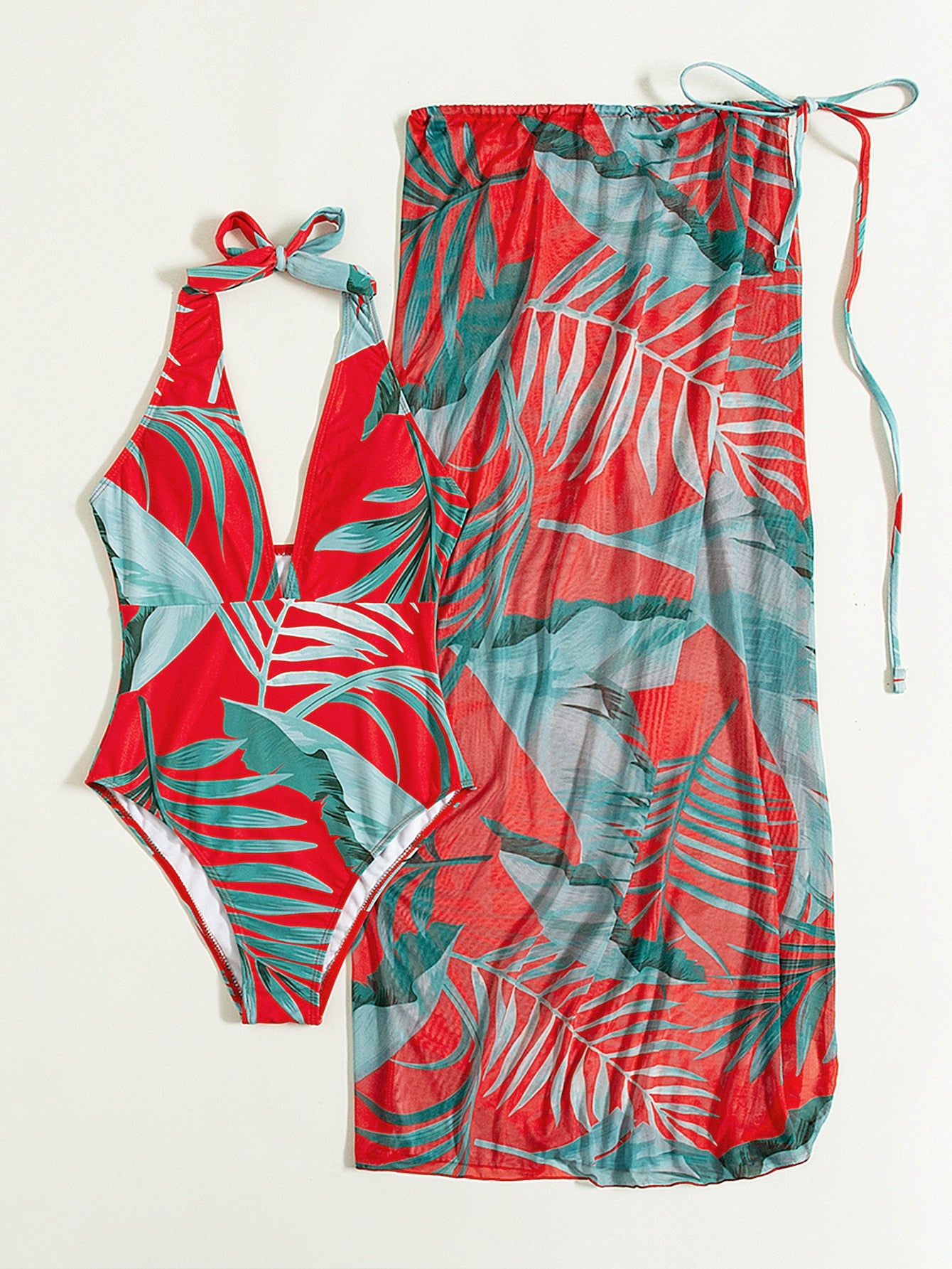 Tropical Print One Piece Swimsuit With Cover Up Skirt