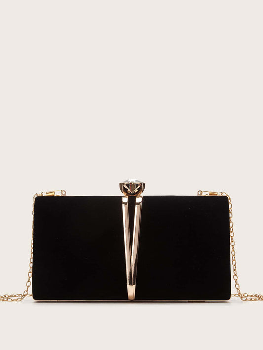 Luxury Rhinestone Decor Clip Top Velvet Chain Bag