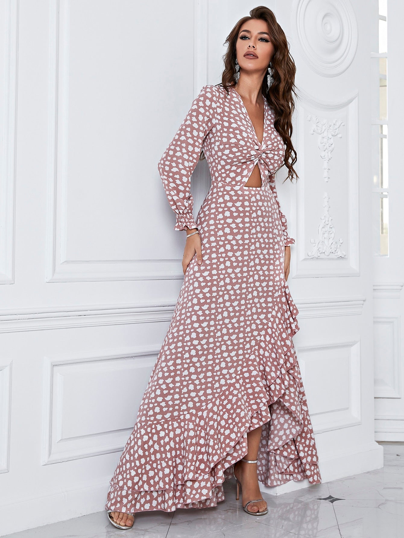 All over Print Twist Front Cut out Lantern Sleeve Split Thigh Dress