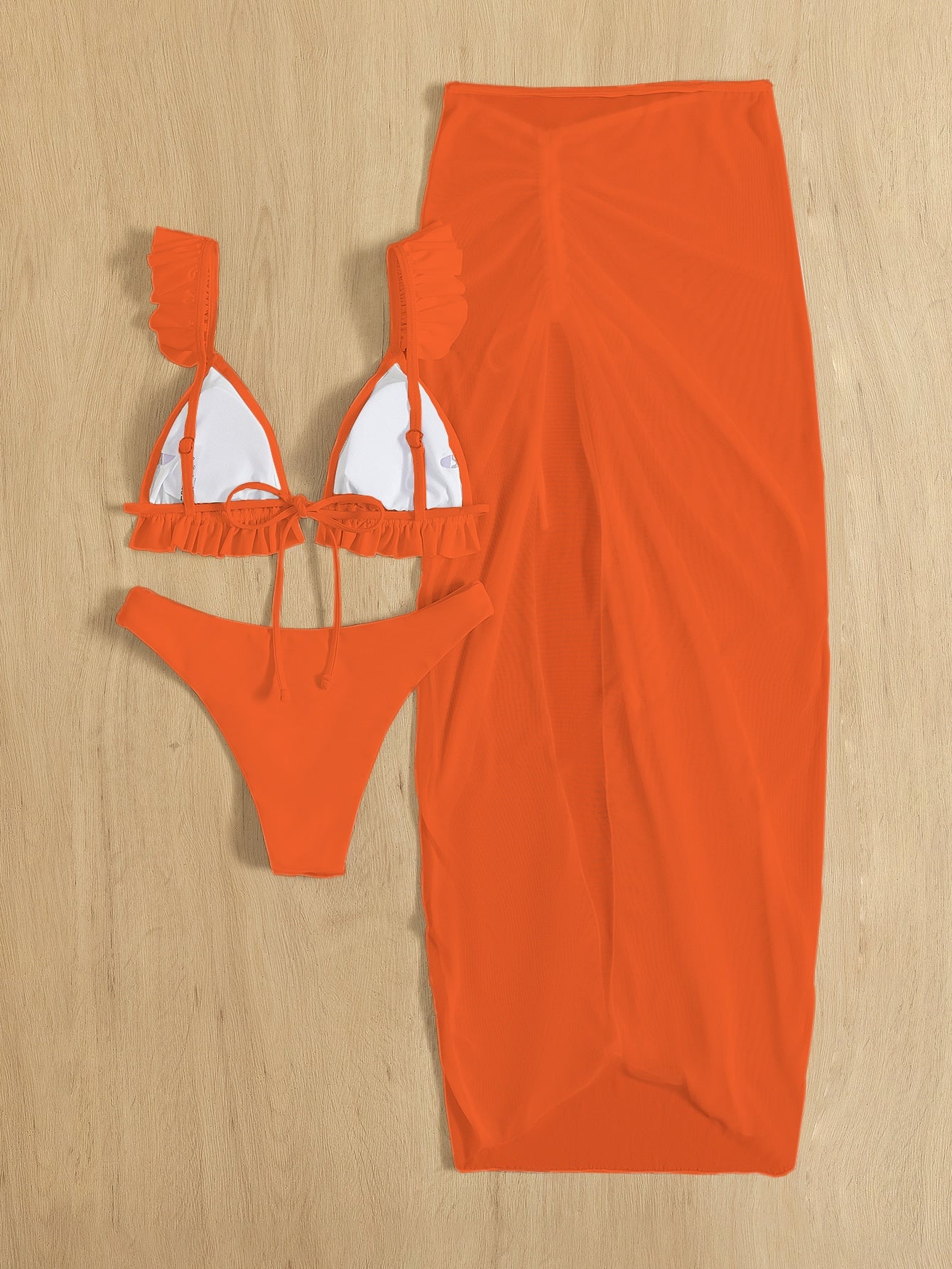 3 pc Solid Frill Trim Bikini Swimsuit Beach Skirt