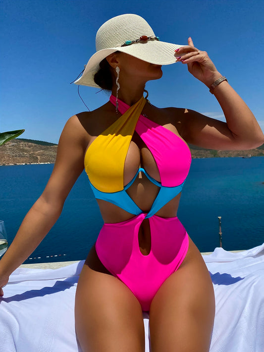 Colorblock Cut Out Tie Back Underwire One Piece Swimsuit