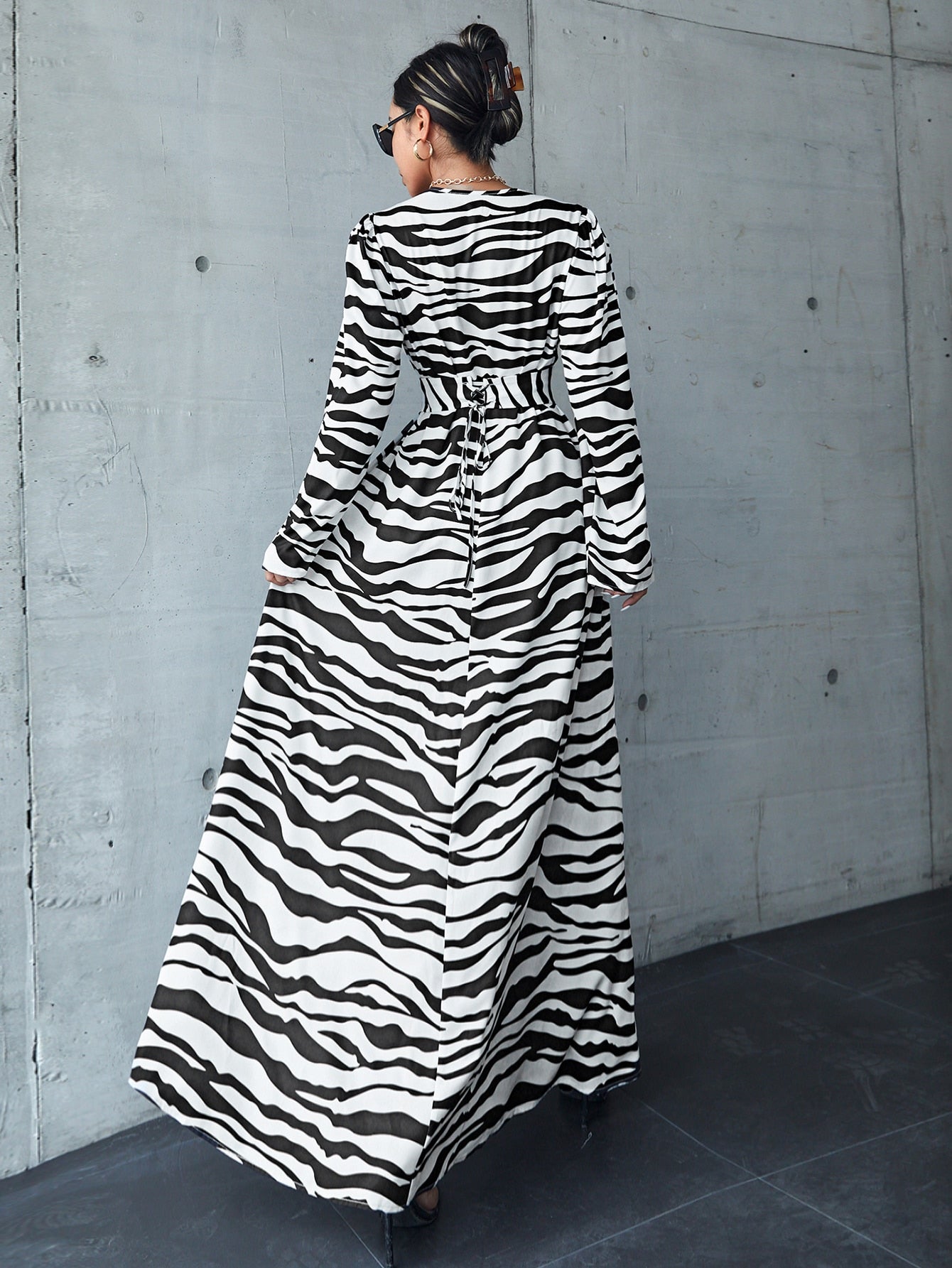 Zebra Striped Lace Up Back Wrap Maxi Dress