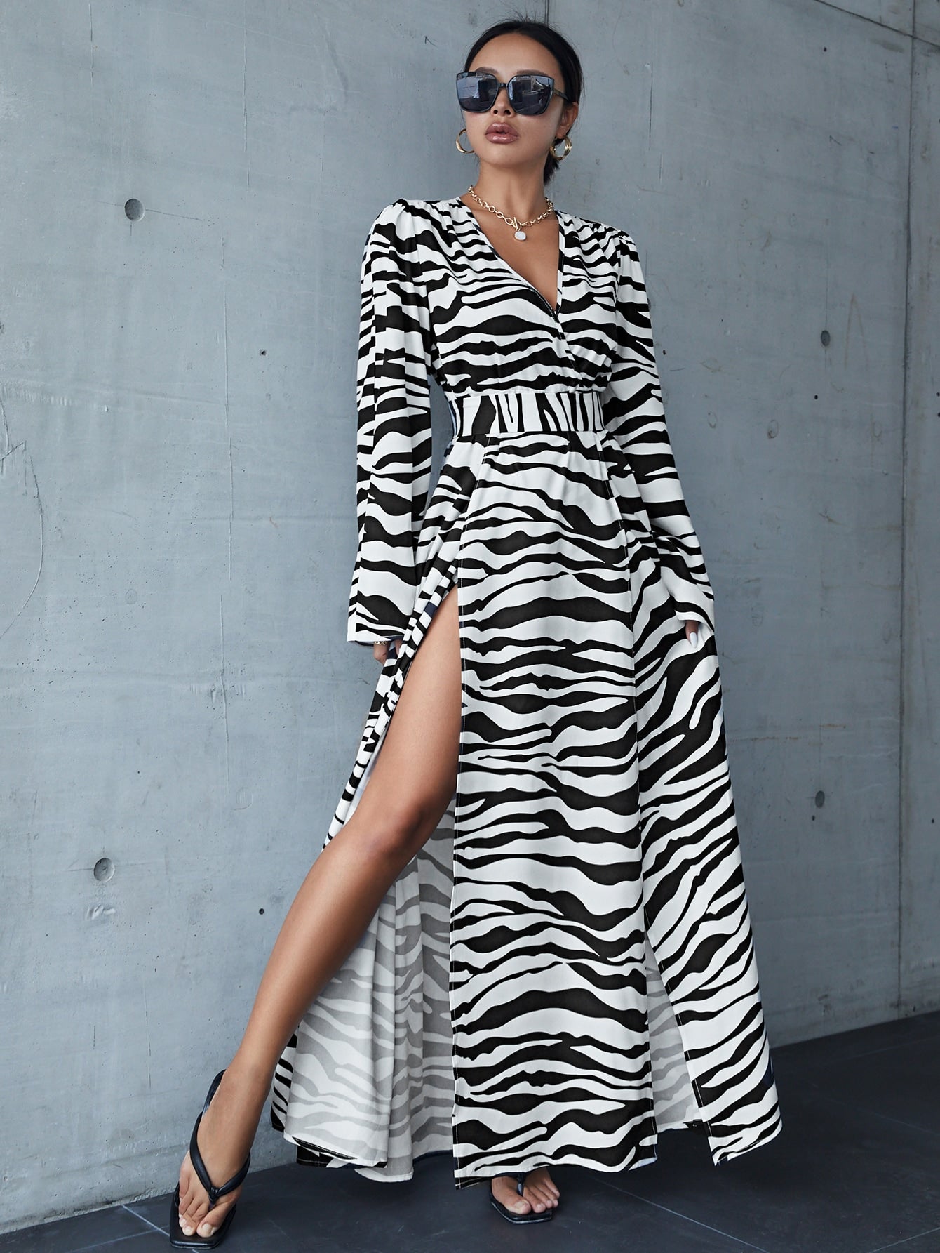 Zebra Striped Lace Up Back Wrap Maxi Dress