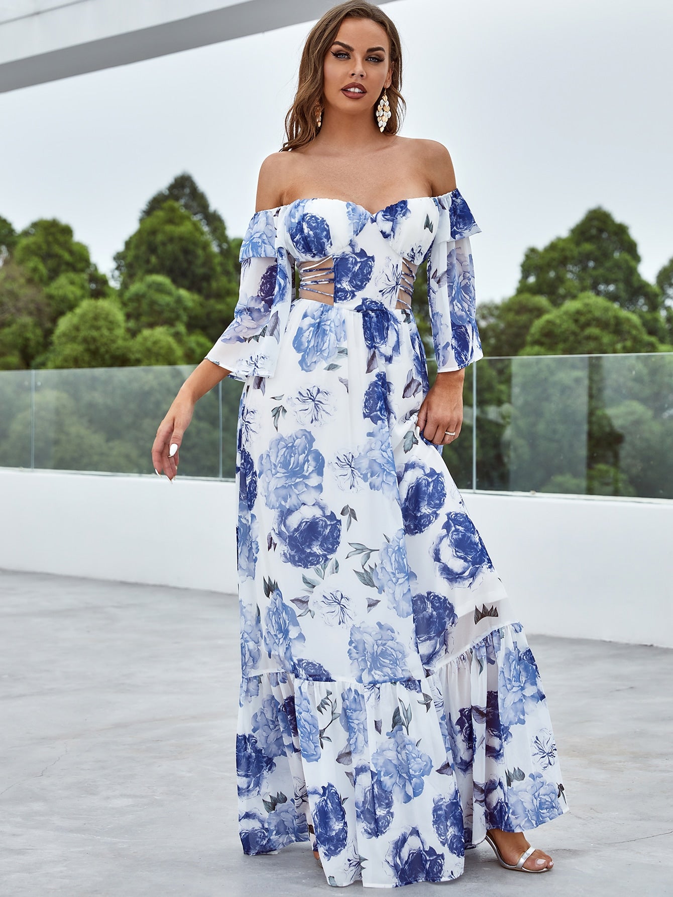 Floral Off The Shoulder Flounce Sleeve Cut Out Maxi Dress