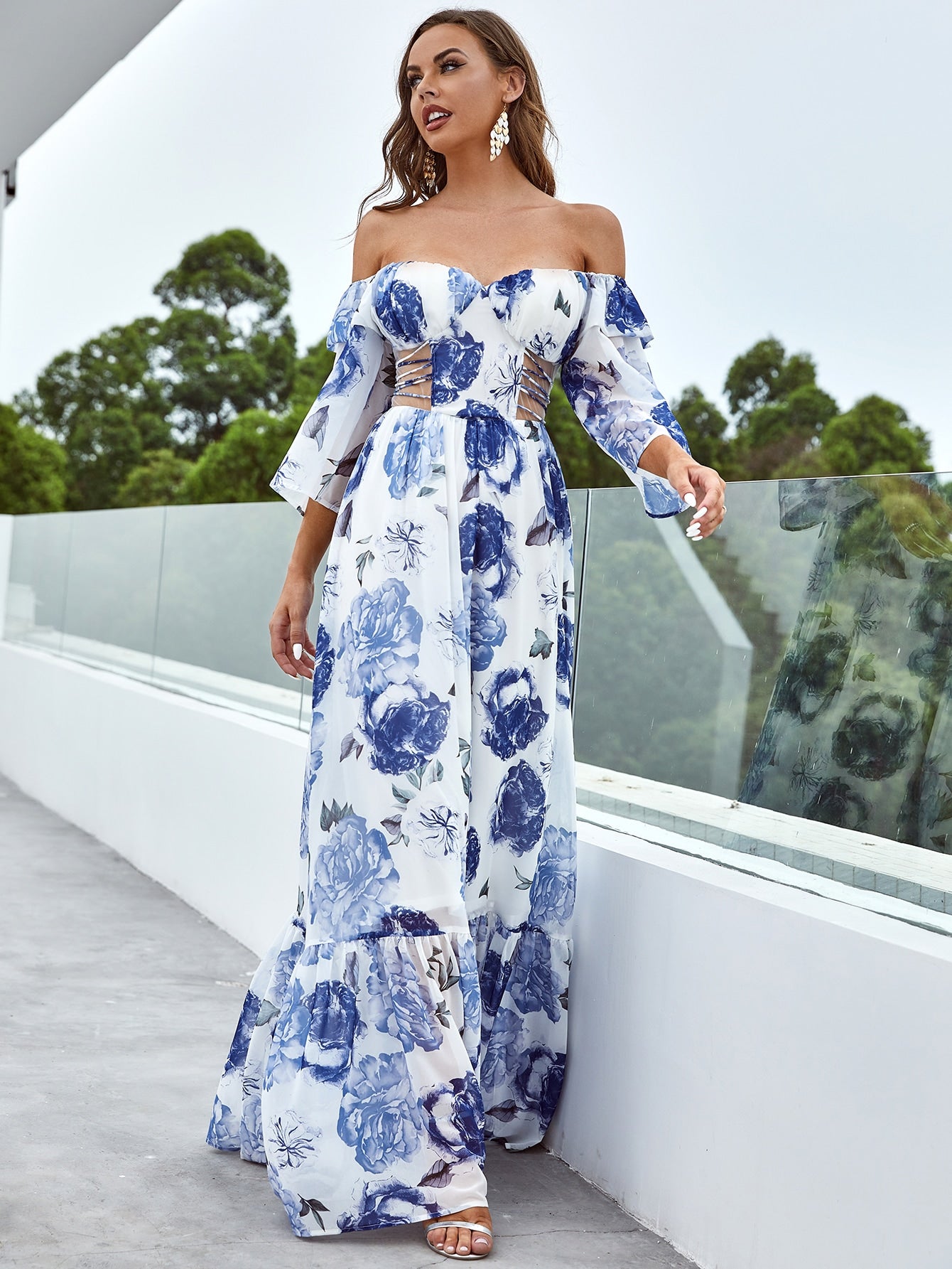 Floral Off The Shoulder Flounce Sleeve Cut Out Maxi Dress