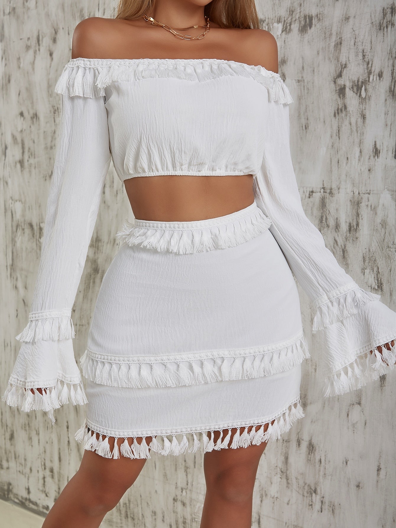 Off Shoulder Tassel Trim Flounce Sleeve Top Skirt Set