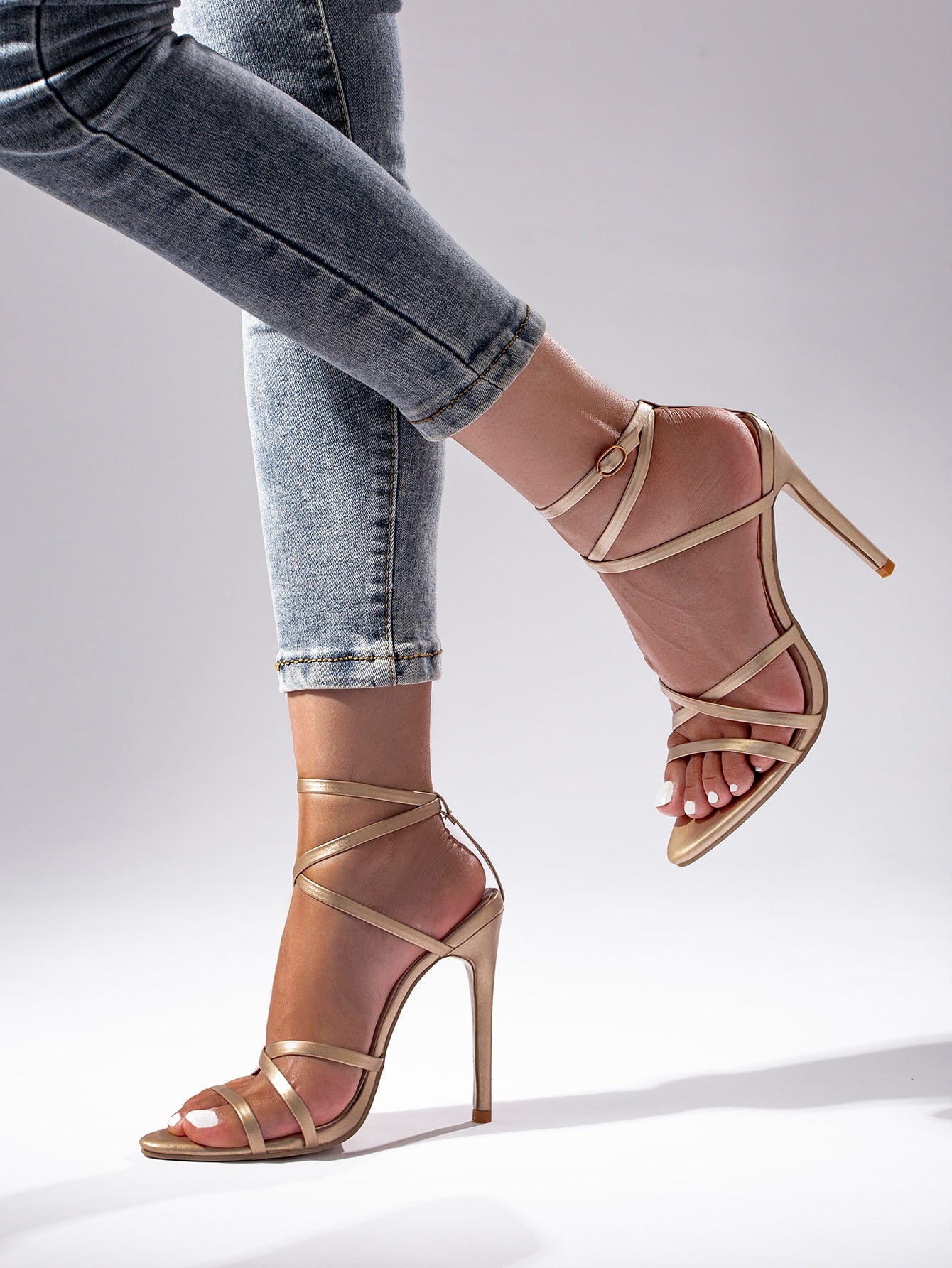 Women Metallic Stiletto Heeled Ankle Strap Sandals