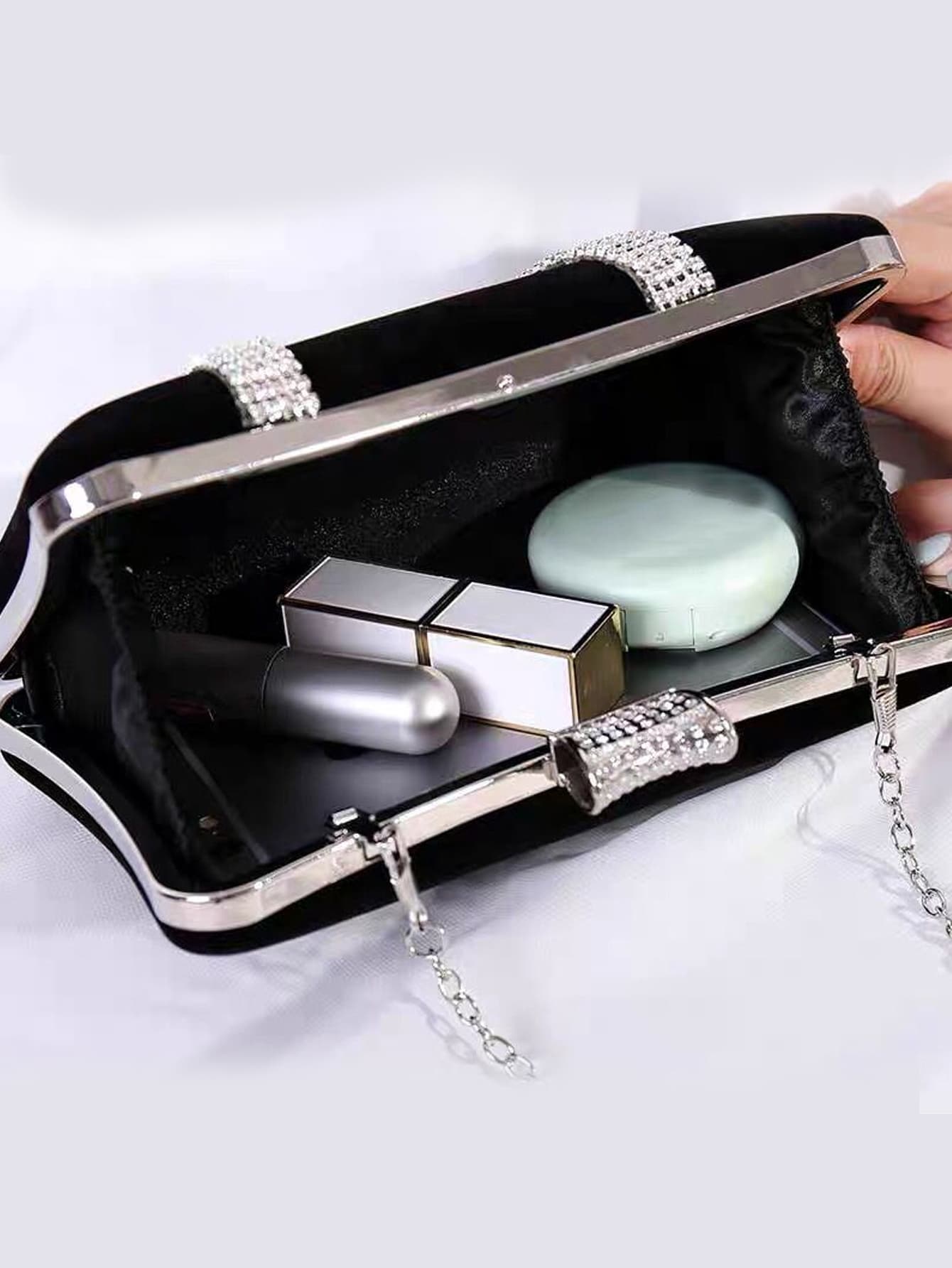 Exquisite Mini Rhinestone Decor Chain Velvet Box Bag