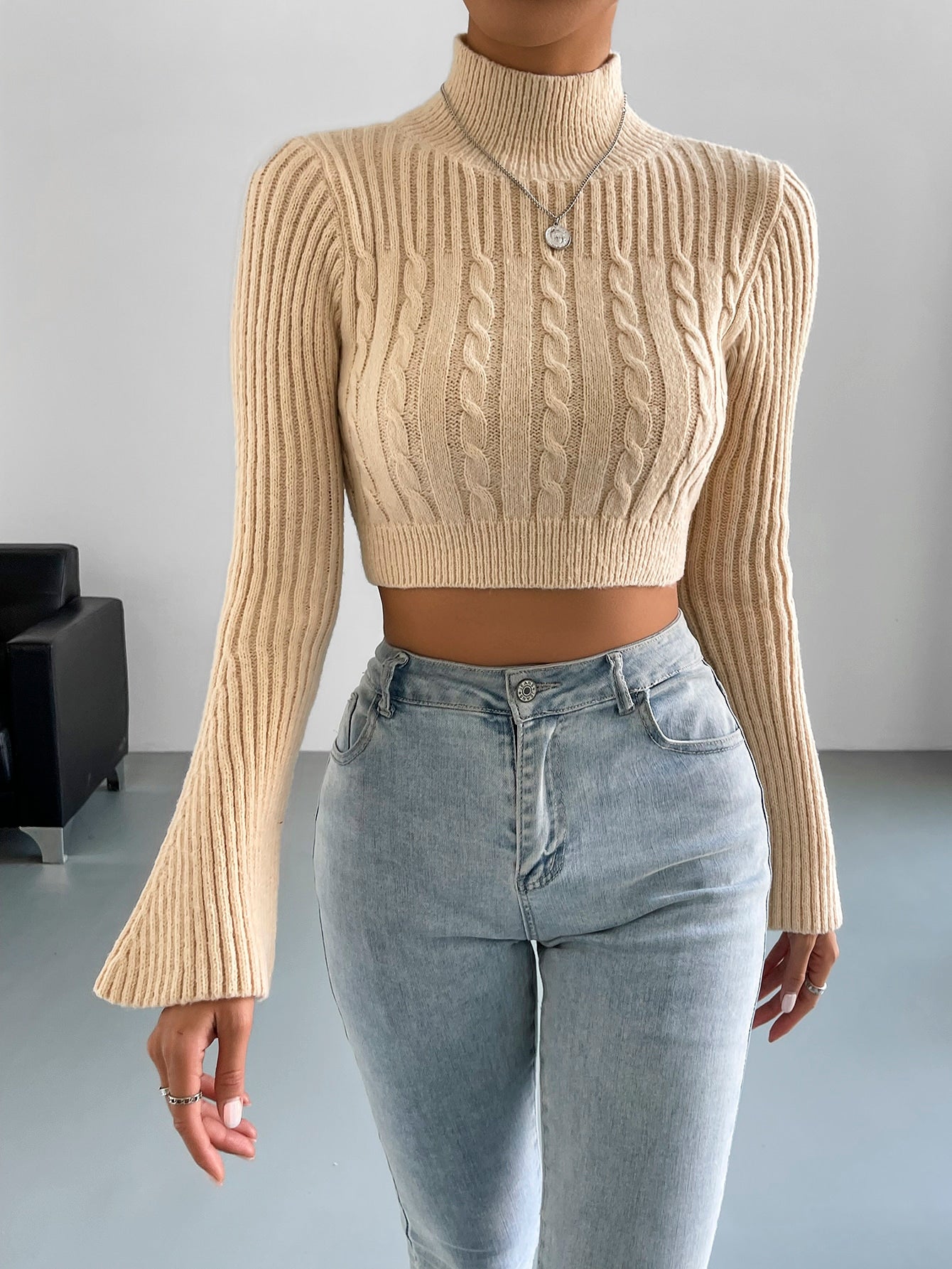 High Neck Trumpet Sleeve Cable Knit Crop Sweater
