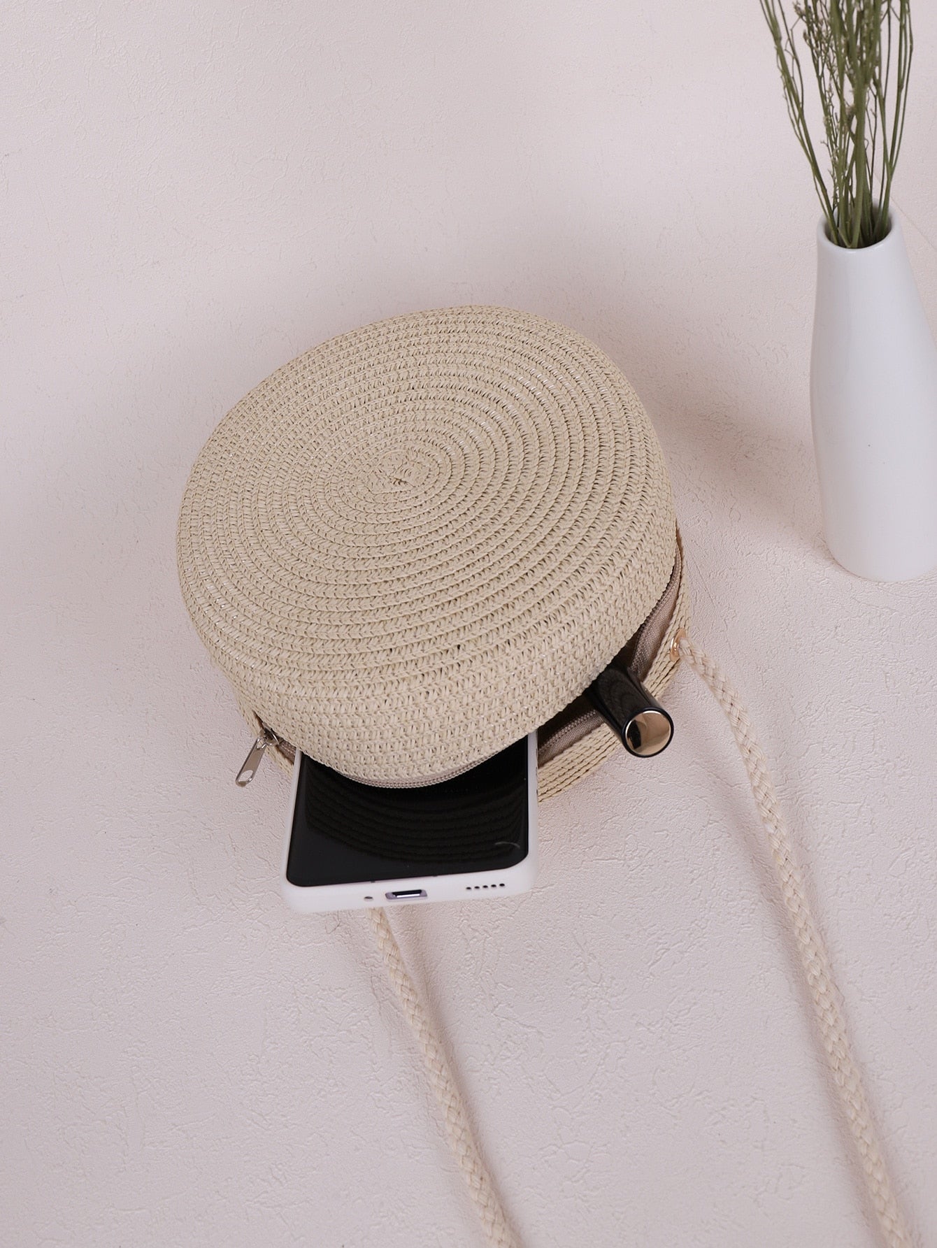 Mini Neon Red Crossbody Circle Shape Straw Bag
