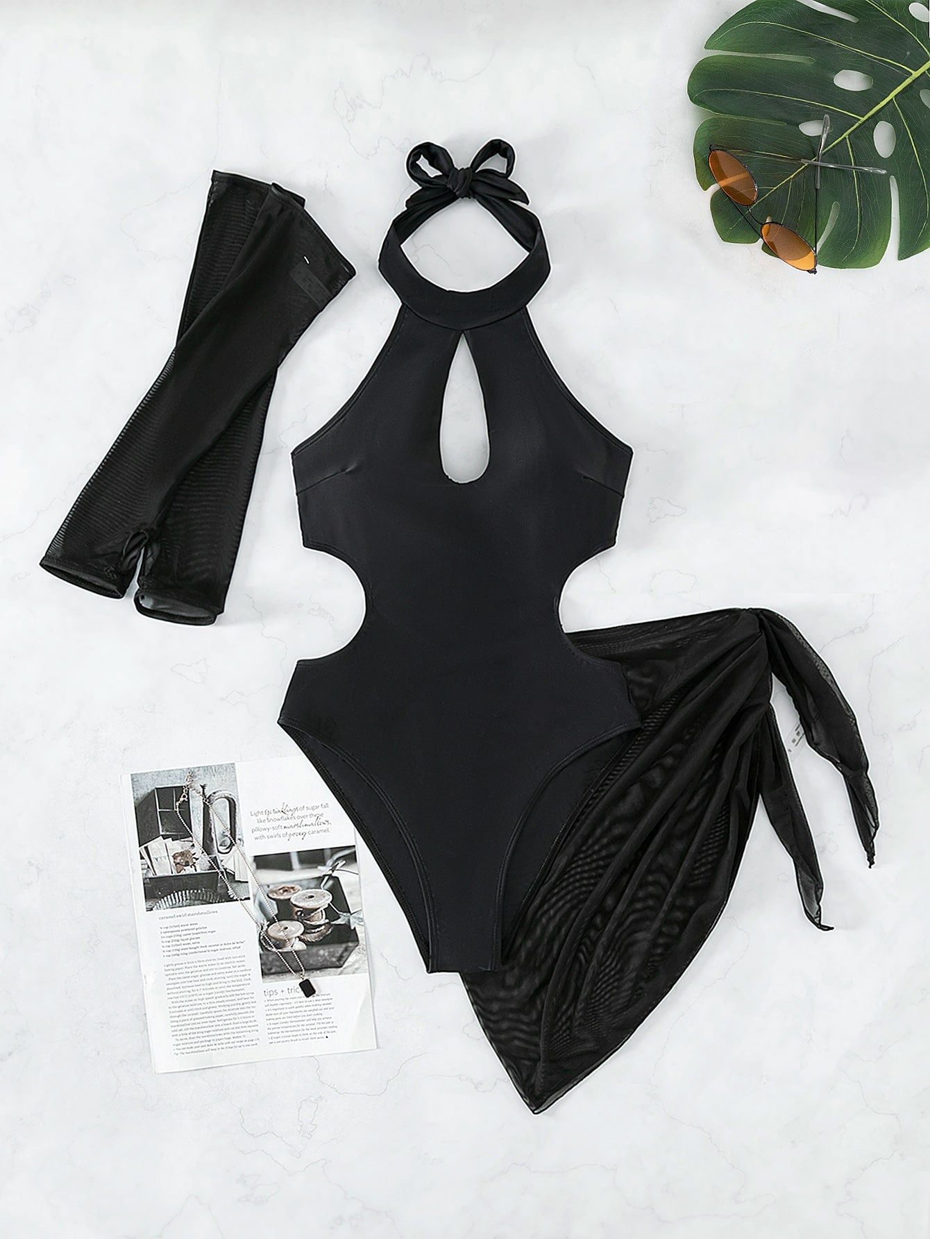 Cut out One Piece Swimsuit With Beach Skirt Bandana