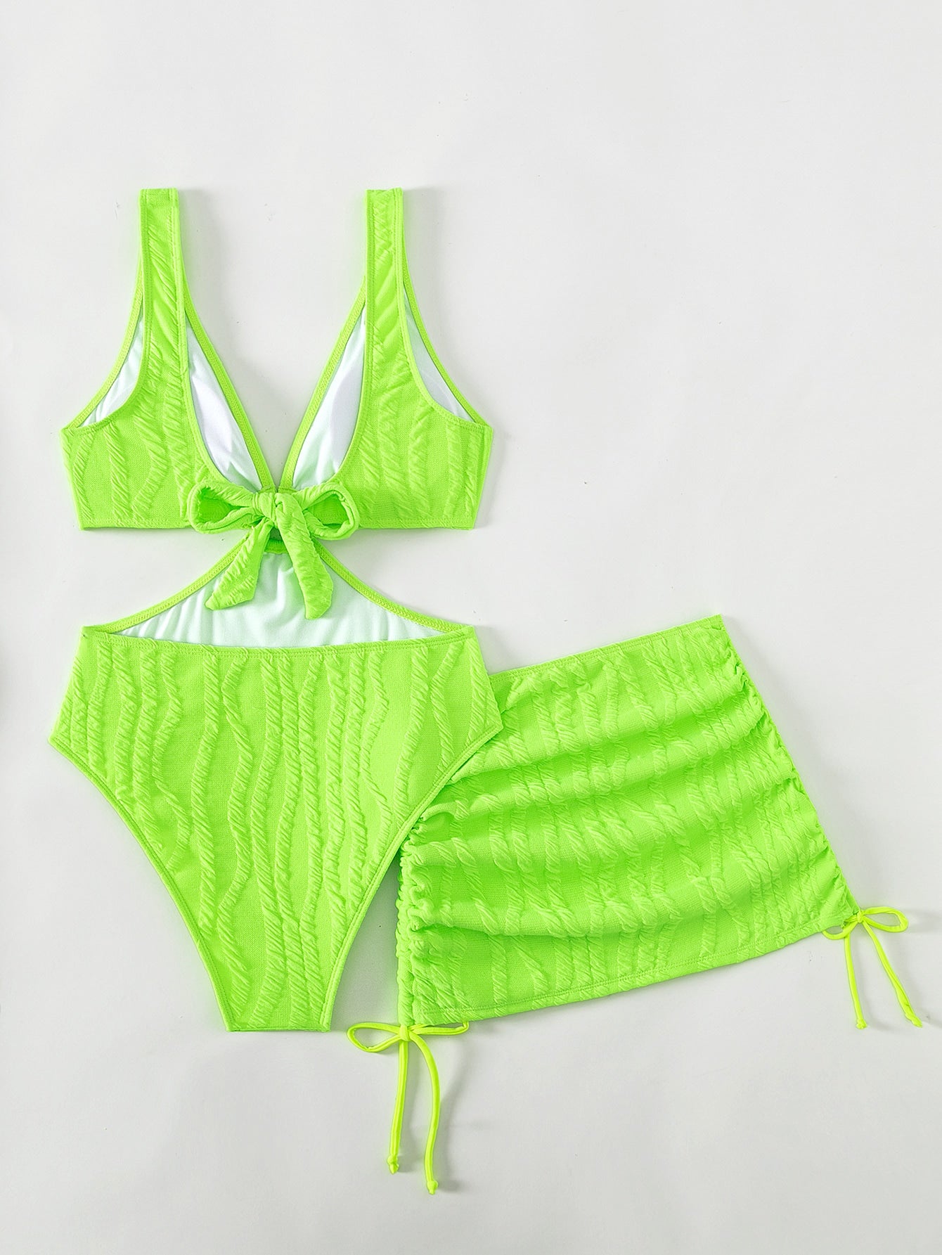 Plain Ring Linked One Piece Swimsuit With Beach Skirt