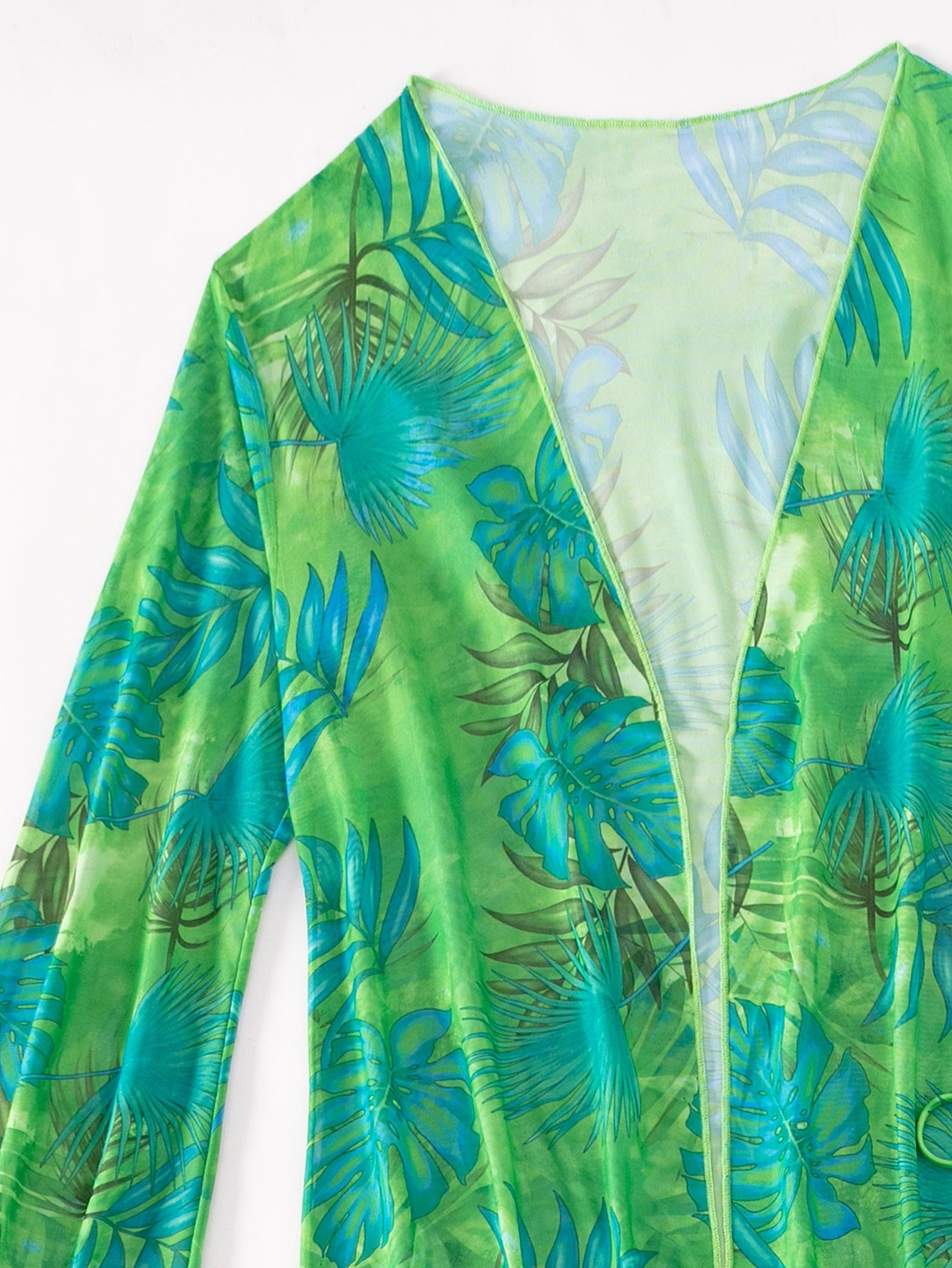 Tropical Print Triangle Bikini Swimsuit With Kimono