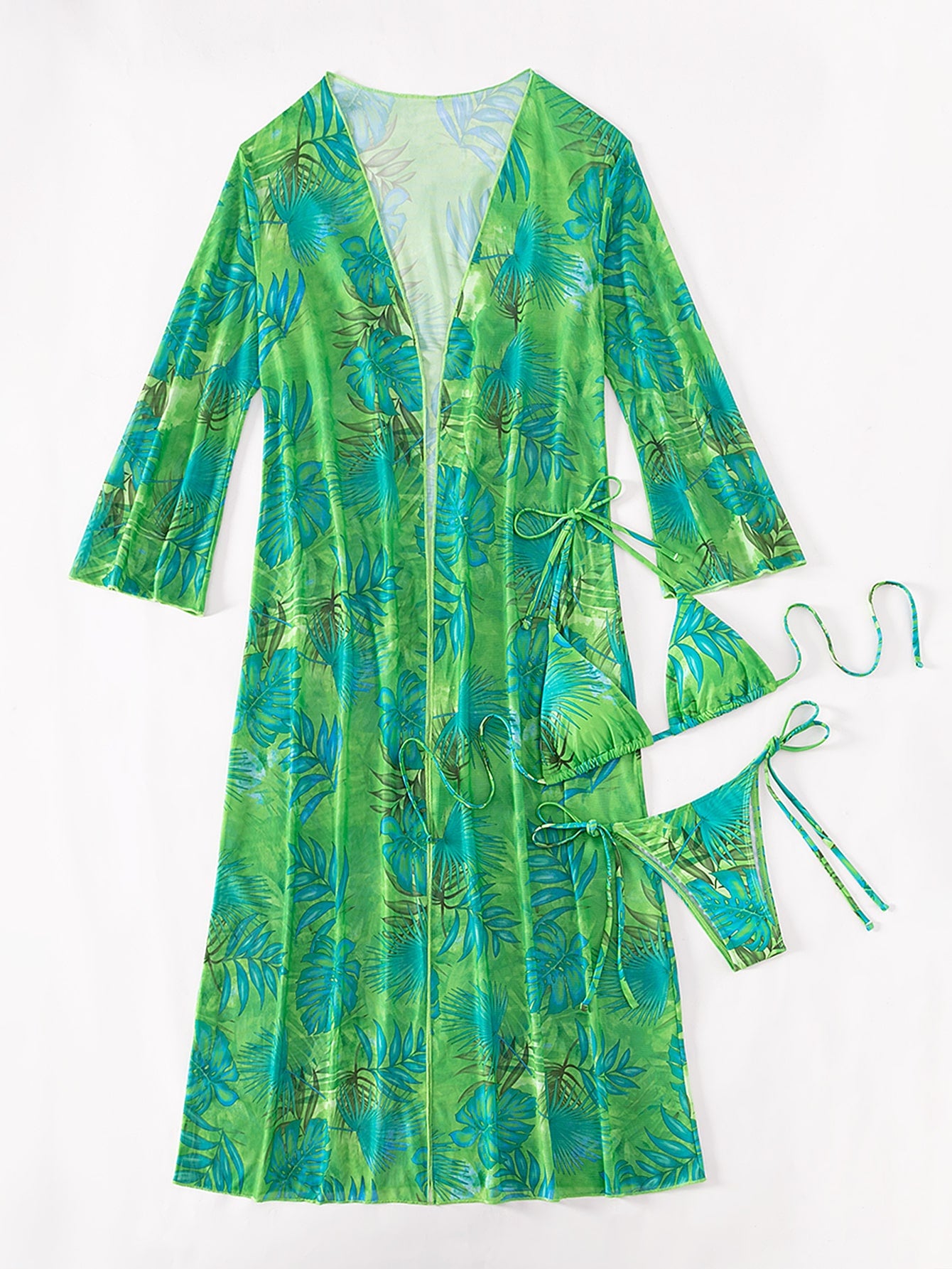 Tropical Print Triangle Bikini Swimsuit With Kimono