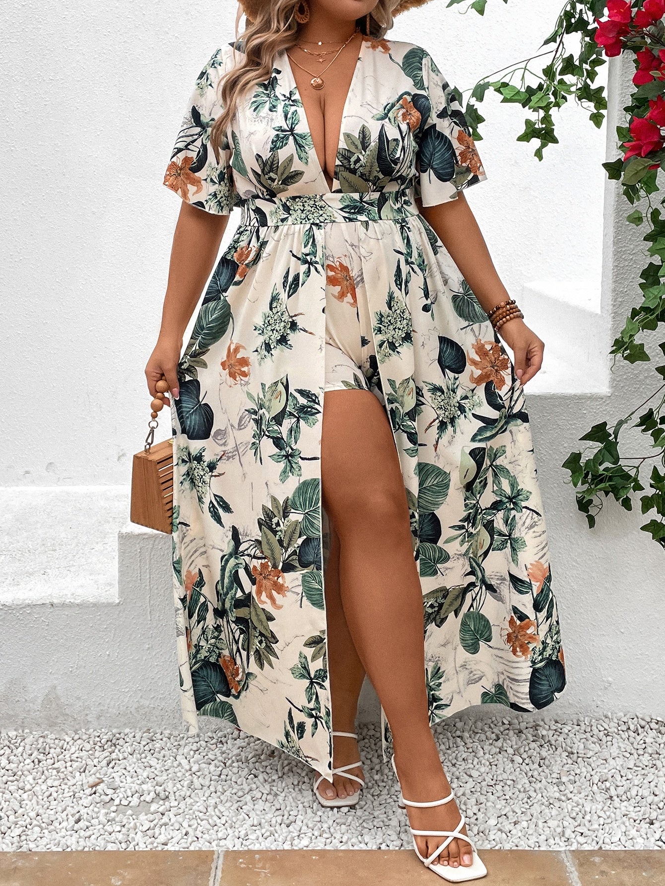 Plus Size Tropical Print Plunging Neck Fold over Romper