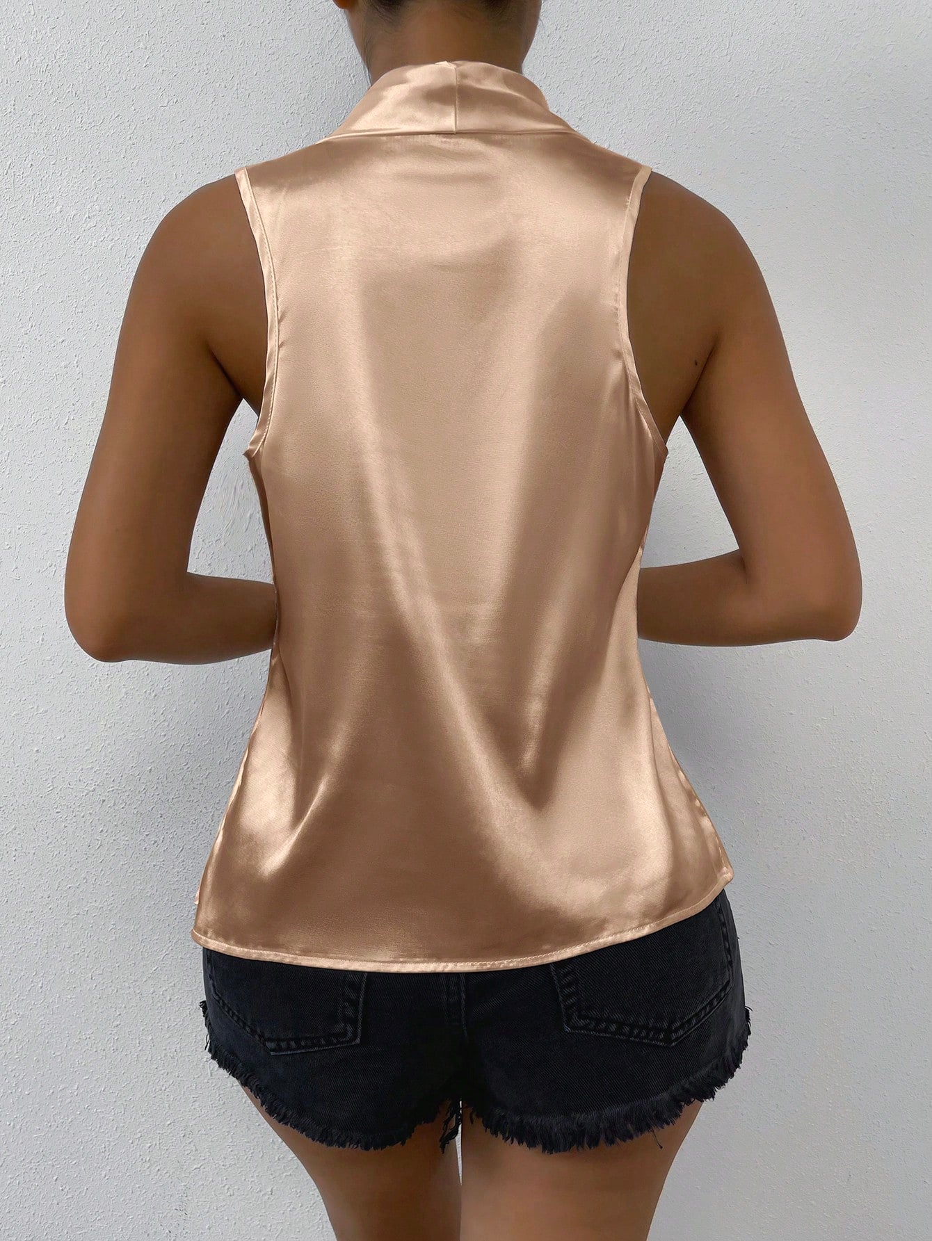 Solid Draped Collar Satin Blouse