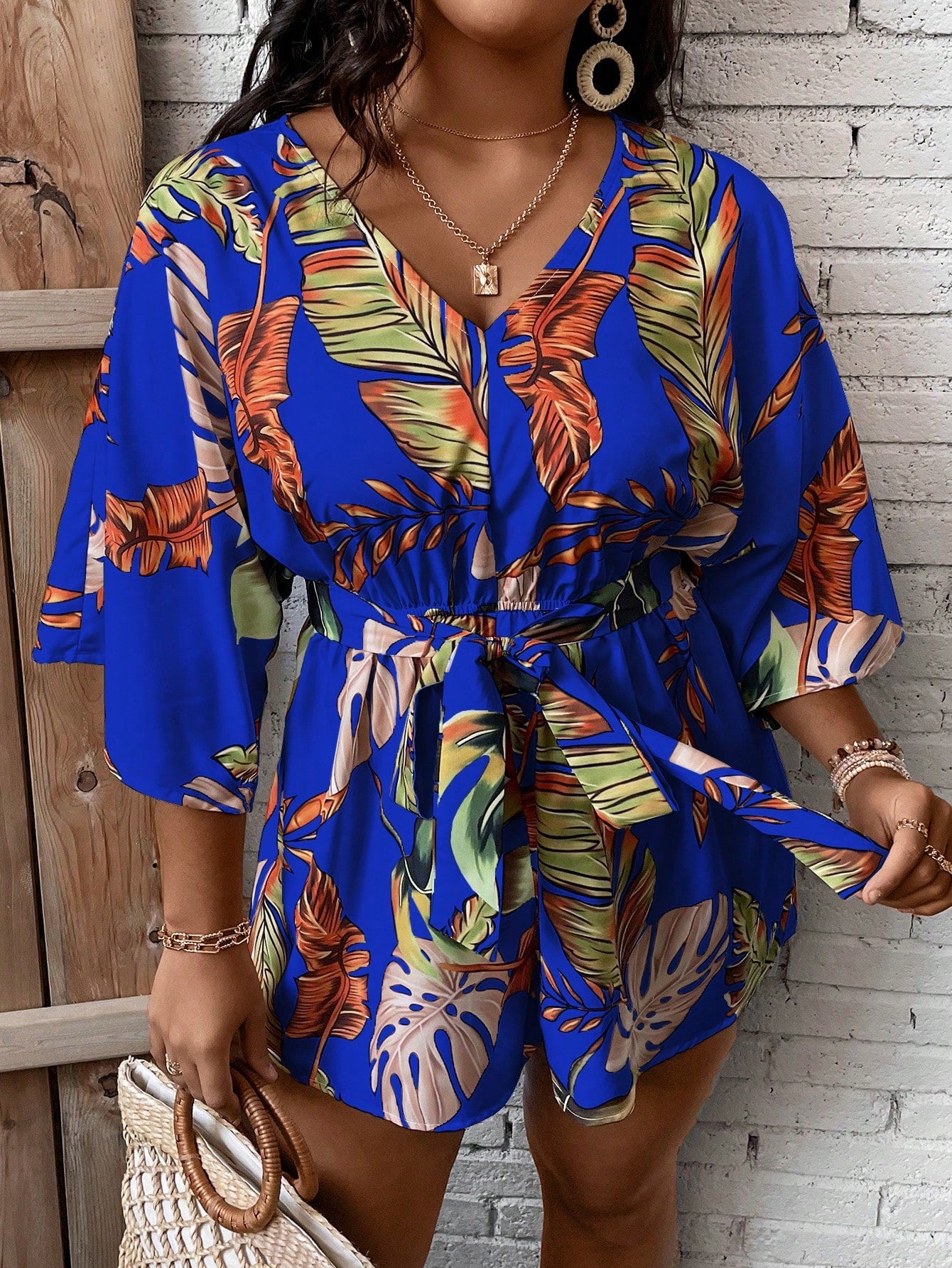 Plus Size Tropical Print Belted Romper
