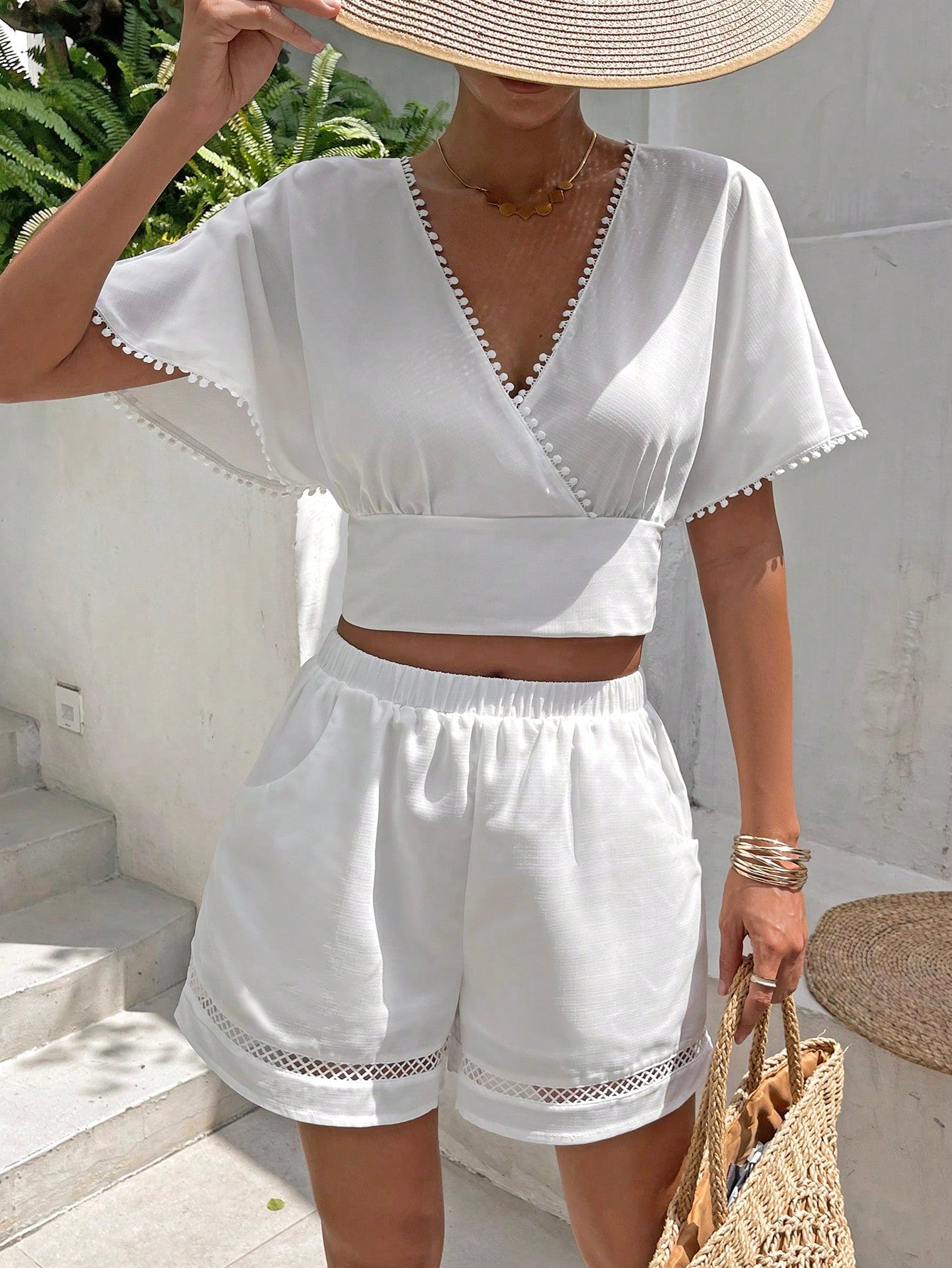 Frenchy Surplice Neck Batwing Sleeve Crop Top Shorts