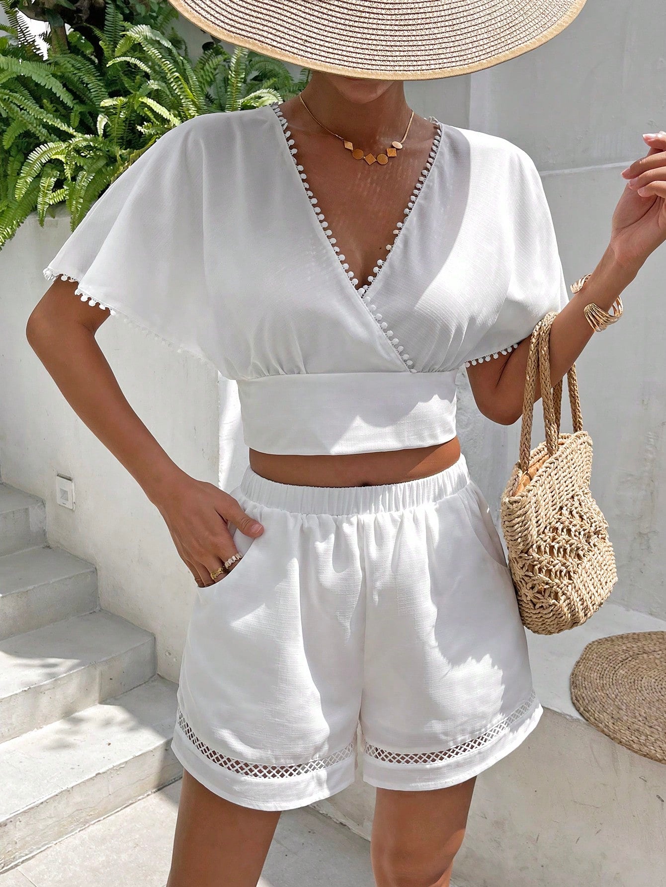 Frenchy Surplice Neck Batwing Sleeve Crop Top Shorts