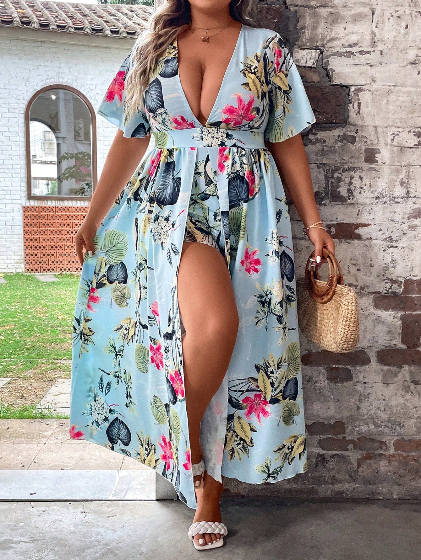 Plus Tropical Print Plunging Neck Fold over Romper