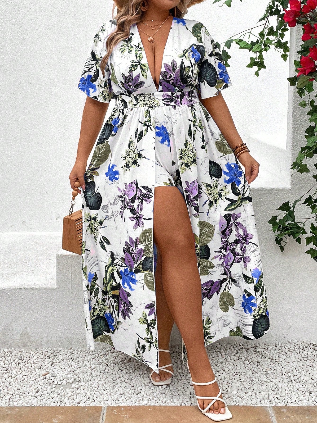 Plus Size Tropical Print Plunging Neck Fold over Romper