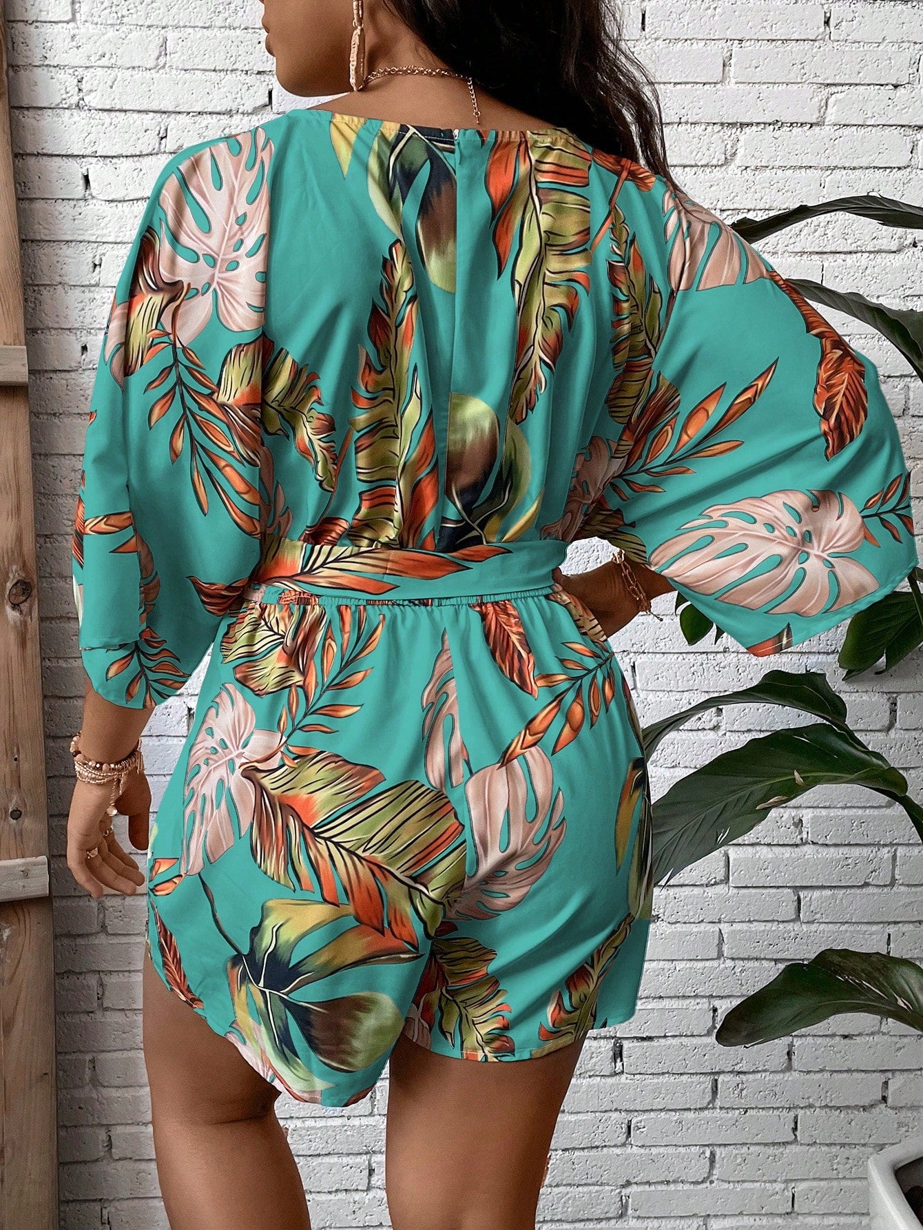 Plus Size Tropical Print Belted Romper