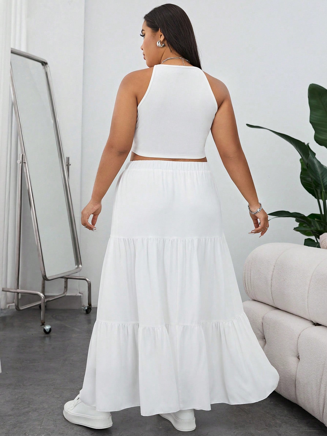Plus Solid Halter Top Layered Hem Skirt