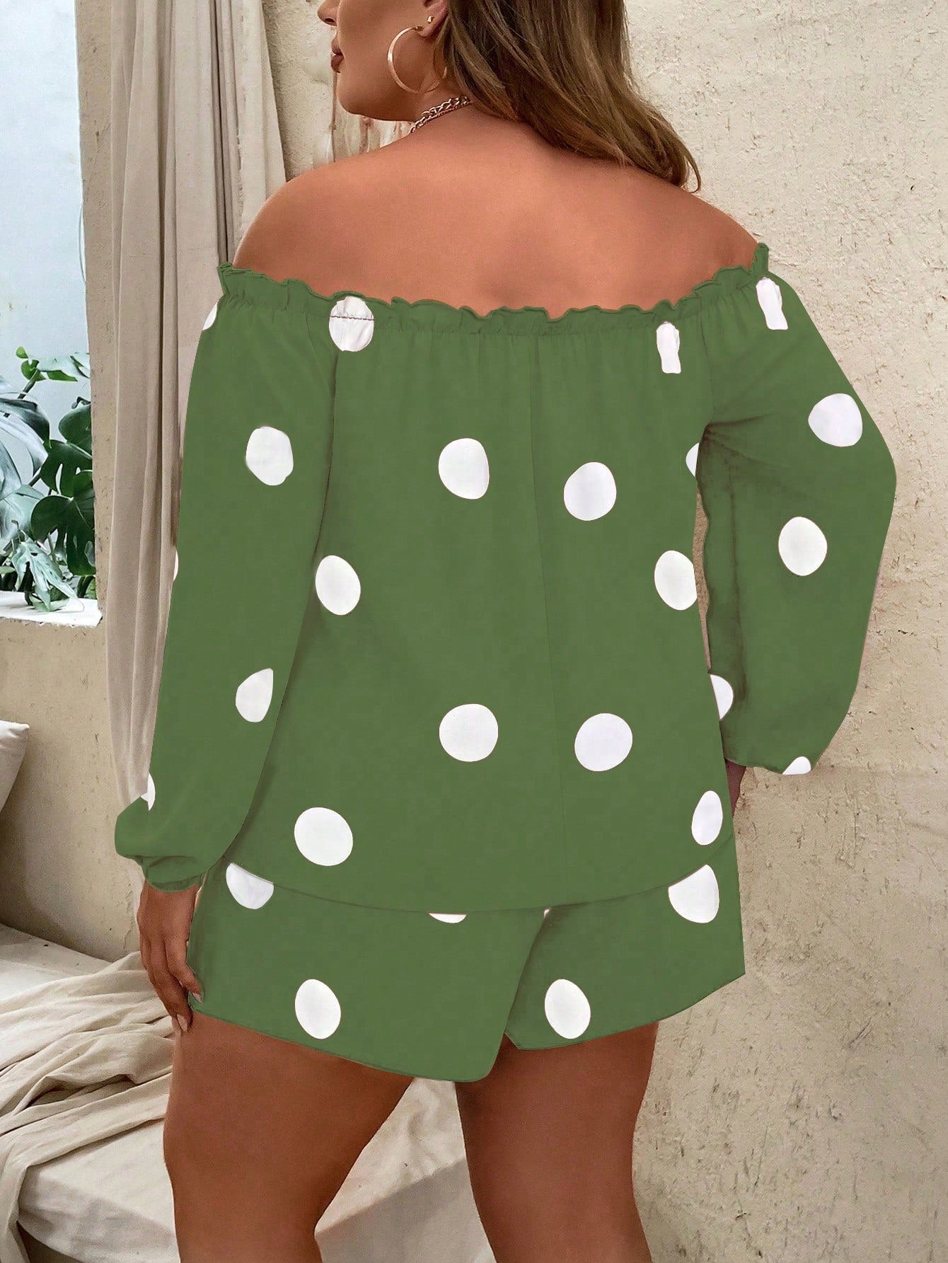 Plus Size Polka Dot Print Off Shoulder Lantern Sleeve Blouse Tie Front Shorts Sets