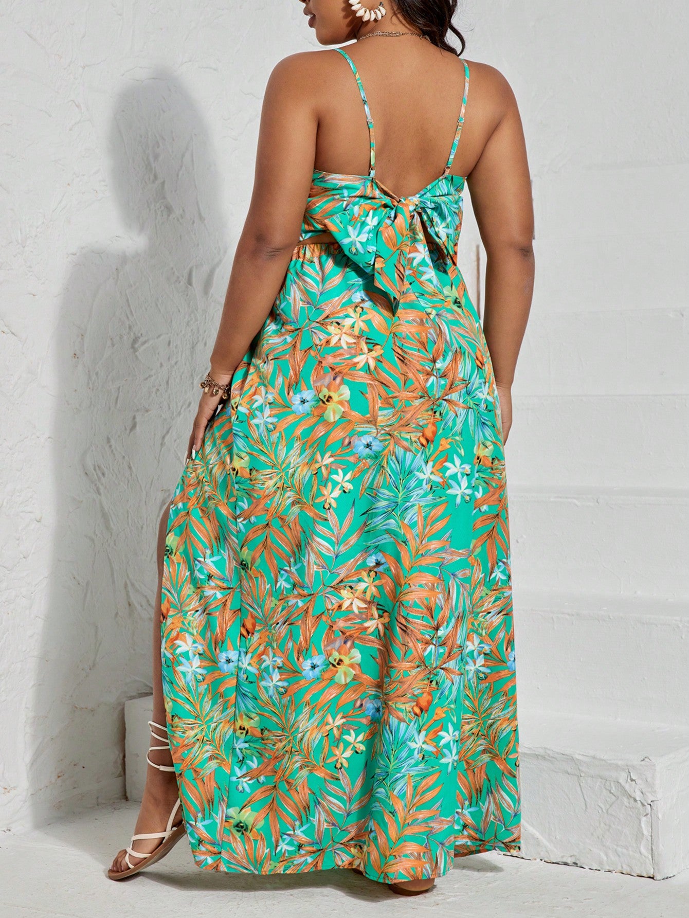 Plus Tropical Print Cami Top Split Thigh Skirt
