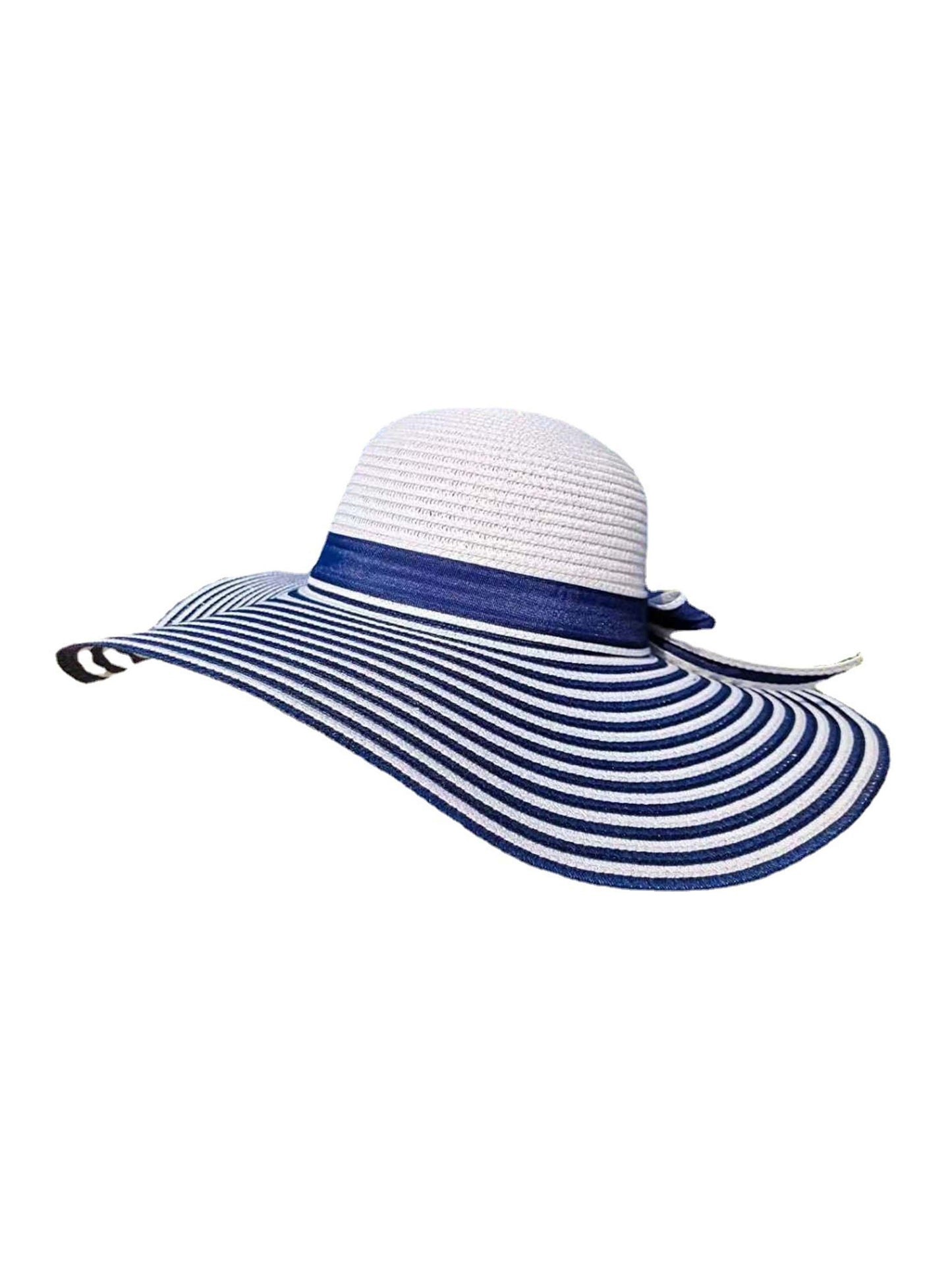 Fashionable Blue & White Striped Wide Brim Straw Hat Uv Protective