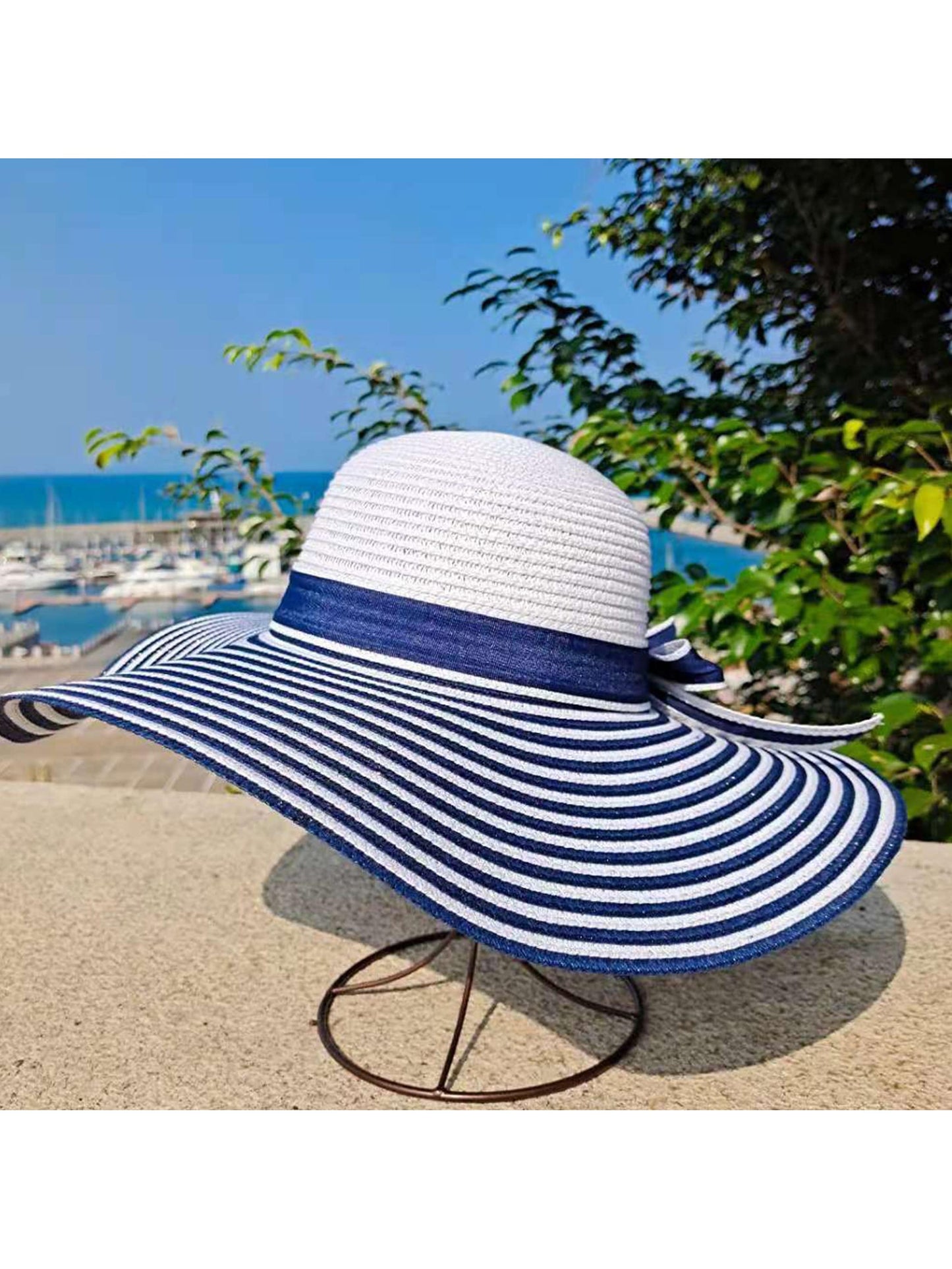 Fashionable Blue & White Striped Wide Brim Straw Hat Uv Protective