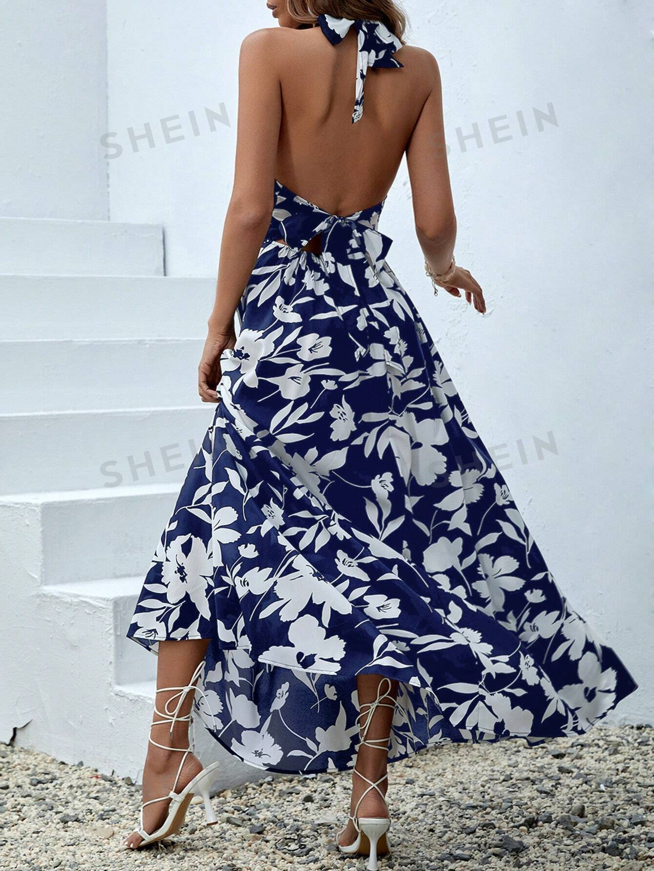 SHEIN VCAY Floral Print Cut Out Halter Neck Backless Dress