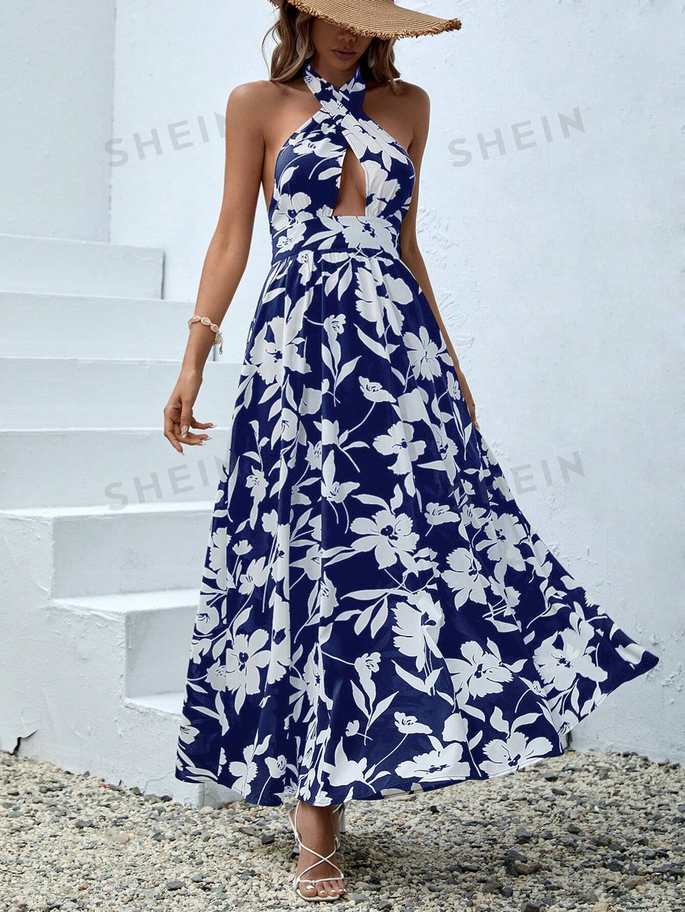 SHEIN VCAY Floral Print Cut Out Halter Neck Backless Dress